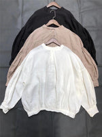 Linen Loose Solid Color Womens Tops And Blouses New O-neck Lantern Sleeve Button 3 Colors Shirts