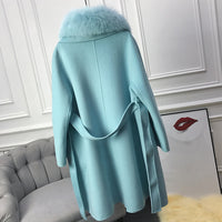 Real Fur Coat Winter Jacket Women Natural Fox Fur Collar Cashmere Wool Blends Long Outerwear Belt Ladies Streetwear