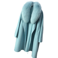 Real Fur Coat Winter Jacket Women Natural Fox Fur Collar Cashmere Wool Blends Long Outerwear Belt Ladies Streetwear