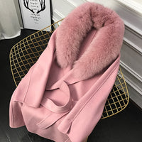 Real Fur Coat Winter Jacket Women Natural Fox Fur Collar Cashmere Wool Blends Long Outerwear Belt Ladies Streetwear