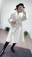 Real Fur Coat Winter Jacket Women Natural Fox Fur Collar Cashmere Wool Blends Long Outerwear Belt Ladies Streetwear