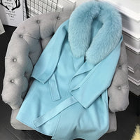 Real Fur Coat Winter Jacket Women Natural Fox Fur Collar Cashmere Wool Blends Long Outerwear Belt Ladies Streetwear