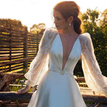 Vestido de Noiva Vintage V-neck Satin A-Line Wedding Dress  Boho Puff Sleeve Lace Train Customized  Bride Gown