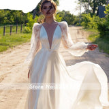 Vestido de Noiva Vintage V-neck Satin A-Line Wedding Dress  Boho Puff Sleeve Lace Train Customized  Bride Gown