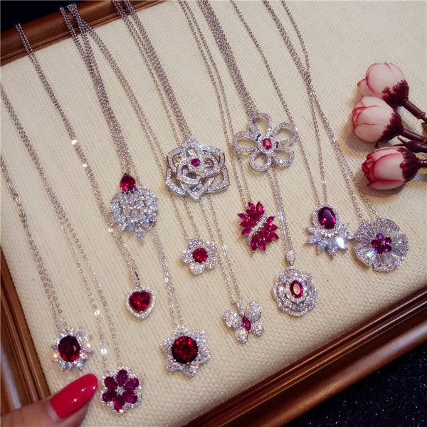 Necklace Pendants For Women Clavicle Chain Ruby S925 Sterling Silver Luxury Hyperbole Pendant Rose Red Fine Jewelry Accessories