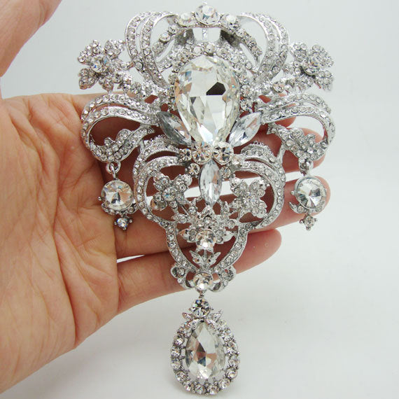 5.04" Bride Huge Flower Drop Pendant Brooch Pin Clear Rhinestone Crystal Luxury Wedding Bride Brooch