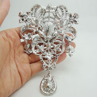 5.04" Bride Huge Flower Drop Pendant Brooch Pin Clear Rhinestone Crystal Luxury Wedding Bride Brooch