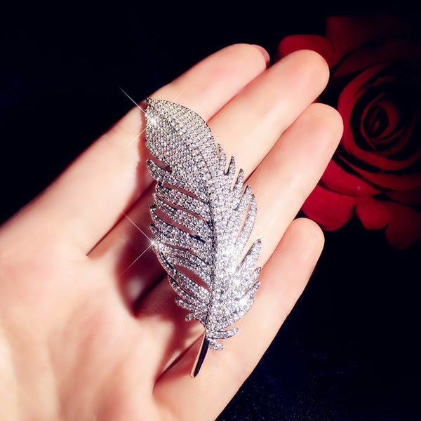 Luxury Brooches For Women Feather Cubic Zirconia Fine Jewelry Romantic Pin Accessories Simple High Quality Boutonniere