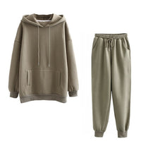 Autumn Winter Women thick fleece 100% cotton suit 2 pieces sets hoodies sweatshirt and pants suits
