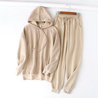 Autumn Winter Women thick fleece 100% cotton suit 2 pieces sets hoodies sweatshirt and pants suits