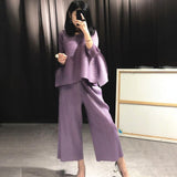 Autumn Fashion Women Clothes Round Neck Sleeveless Pullover Dress And Wide Pleated Legs Pantes Vintage Set