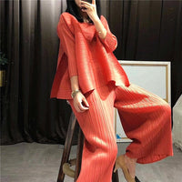 Autumn Fashion Women Clothes Round Neck Sleeveless Pullover Dress And Wide Pleated Legs Pantes Vintage Set