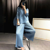 Autumn Fashion Women Clothes Round Neck Sleeveless Pullover Dress And Wide Pleated Legs Pantes Vintage Set