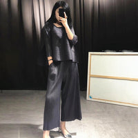 Autumn Fashion Women Clothes Round Neck Sleeveless Pullover Dress And Wide Pleated Legs Pantes Vintage Set