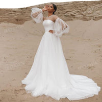 Wedding Dress Beaded Long Sleeve A-Line Boho Crystal Belt Bride Gown Princess Court Train  Vestido de Noiva