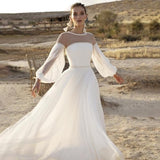 Wedding Dress Beaded Long Sleeve A-Line Boho Crystal Belt Bride Gown Princess Court Train  Vestido de Noiva
