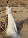 Wedding Dress Beaded Long Sleeve A-Line Boho Crystal Belt Bride Gown Princess Court Train  Vestido de Noiva