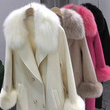 Real Fur Coat Winter Jacket Women Natural Fox Fur Collar Cashmere Wool Blends Long Outerwear Ladies Streetwear