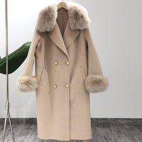 Real Fur Coat Winter Jacket Women Natural Fox Fur Collar Cashmere Wool Blends Long Outerwear Ladies Streetwear