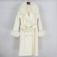 Real Fur Coat Winter Jacket Women Natural Fox Fur Collar Cashmere Wool Blends Long Outerwear Ladies Streetwear
