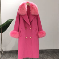 Real Fur Coat Winter Jacket Women Natural Fox Fur Collar Cashmere Wool Blends Long Outerwear Ladies Streetwear
