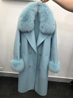 Real Fur Coat Winter Jacket Women Natural Fox Fur Collar Cashmere Wool Blends Long Outerwear Ladies Streetwear