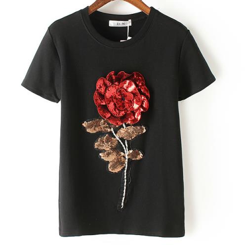 New Summer women sequin t shirt fashion cotton female rose flower tops t-shirt  camisetas mujer