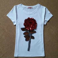 New Summer women sequin t shirt fashion cotton female rose flower tops t-shirt  camisetas mujer