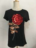 New Summer women sequin t shirt fashion cotton female rose flower tops t-shirt  camisetas mujer