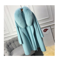 Real Fur Coat Winter Jacket Women Natural Fox Fur Collar Cashmere Wool Blends Long Outerwear Belt Ladies Streetwear