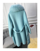 Real Fur Coat Winter Jacket Women Natural Fox Fur Collar Cashmere Wool Blends Long Outerwear Belt Ladies Streetwear