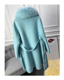 Real Fur Coat Winter Jacket Women Natural Fox Fur Collar Cashmere Wool Blends Long Outerwear Belt Ladies Streetwear