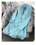 Real Fur Coat Winter Jacket Women Natural Fox Fur Collar Cashmere Wool Blends Long Outerwear Belt Ladies Streetwear