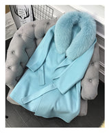Real Fur Coat Winter Jacket Women Natural Fox Fur Collar Cashmere Wool Blends Long Outerwear Belt Ladies Streetwear