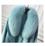 Real Fur Coat Winter Jacket Women Natural Fox Fur Collar Cashmere Wool Blends Long Outerwear Belt Ladies Streetwear