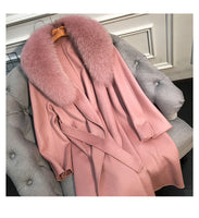 Real Fur Coat Winter Jacket Women Natural Fox Fur Collar Cashmere Wool Blends Long Outerwear Belt Ladies Streetwear