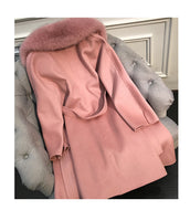 Real Fur Coat Winter Jacket Women Natural Fox Fur Collar Cashmere Wool Blends Long Outerwear Belt Ladies Streetwear