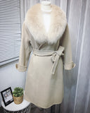 Real Fur Coat Winter Jacket Women Natural Fox Fur Collar Cashmere Wool Blends Long Outerwear Belt Ladies Streetwear
