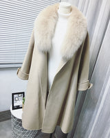 Real Fur Coat Winter Jacket Women Natural Fox Fur Collar Cashmere Wool Blends Long Outerwear Belt Ladies Streetwear