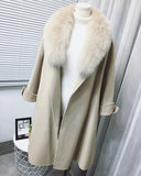 Real Fur Coat Winter Jacket Women Natural Fox Fur Collar Cashmere Wool Blends Long Outerwear Belt Ladies Streetwear