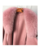 Real Fur Coat Winter Jacket Women Natural Fox Fur Collar Cashmere Wool Blends Long Outerwear Belt Ladies Streetwear