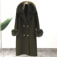Real Fur Coat Winter Jacket Women Natural Fox Fur Collar Cashmere Wool Blends Long Outerwear Ladies Streetwear
