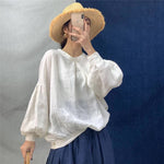 Linen Loose Solid Color Womens Tops And Blouses New O-neck Lantern Sleeve Button 3 Colors Shirts