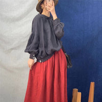 Linen Loose Solid Color Womens Tops And Blouses New O-neck Lantern Sleeve Button 3 Colors Shirts