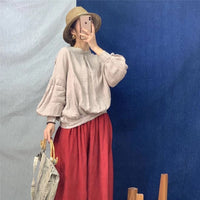 Linen Loose Solid Color Womens Tops And Blouses New O-neck Lantern Sleeve Button 3 Colors Shirts