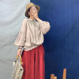 Linen Loose Solid Color Womens Tops And Blouses New O-neck Lantern Sleeve Button 3 Colors Shirts