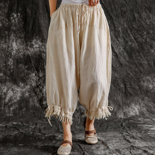 New Casual Vintage Cotton Linen Plus Size Ankle-length Harem Pants Summer Solid Color Tassel Pockets Women Pants