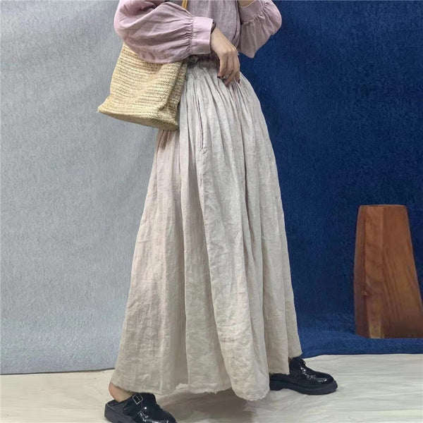 New Vintage Linen Solid Color Women Skirts Summer Casual All Match High Waist 3 Colors Female Skirts