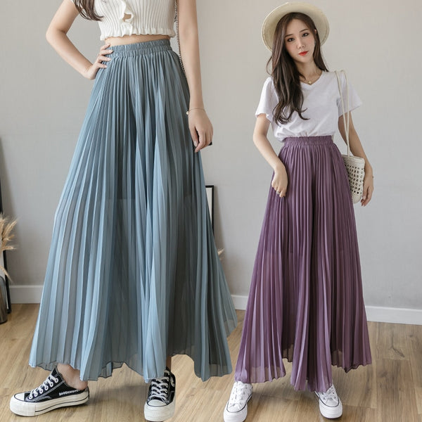 New Solid Color Wide Leg Pants Women Chic Pleated Elastic High Waist Loose Trousers Summer Casual Flowing Chiffon Pants