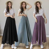 New Solid Color Wide Leg Pants Women Chic Pleated Elastic High Waist Loose Trousers Summer Casual Flowing Chiffon Pants